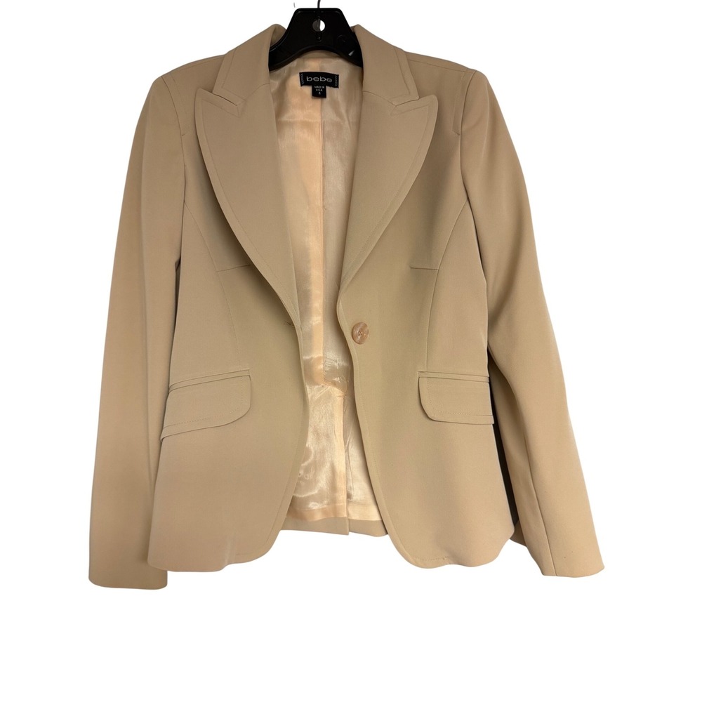 Bebe Womens Tan Beige Single Button Blazer Jacket Size 4 Made in USA Career